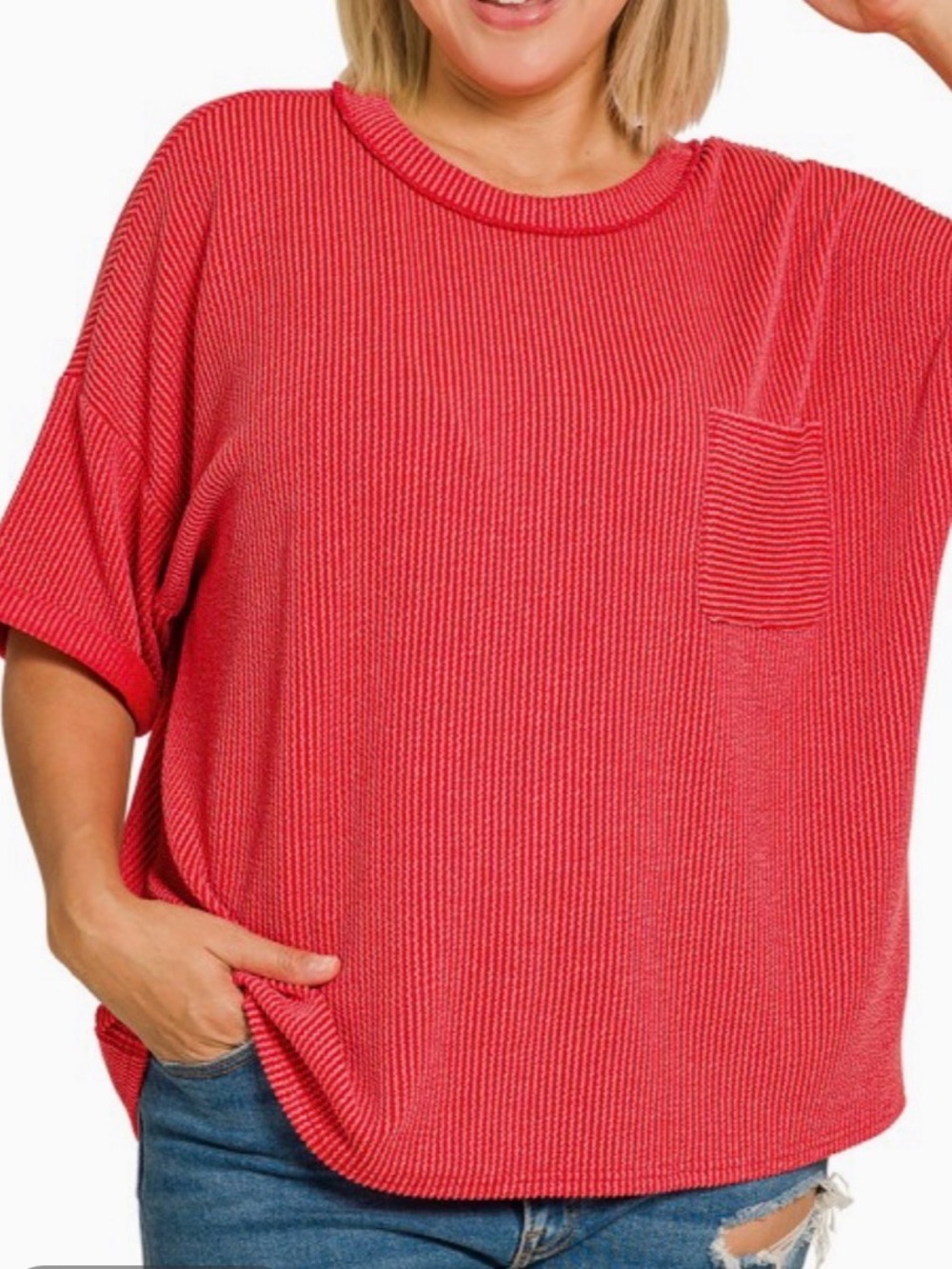 Zenana Outfitters Coral Ribbed Short Sleeve Pocket Tee